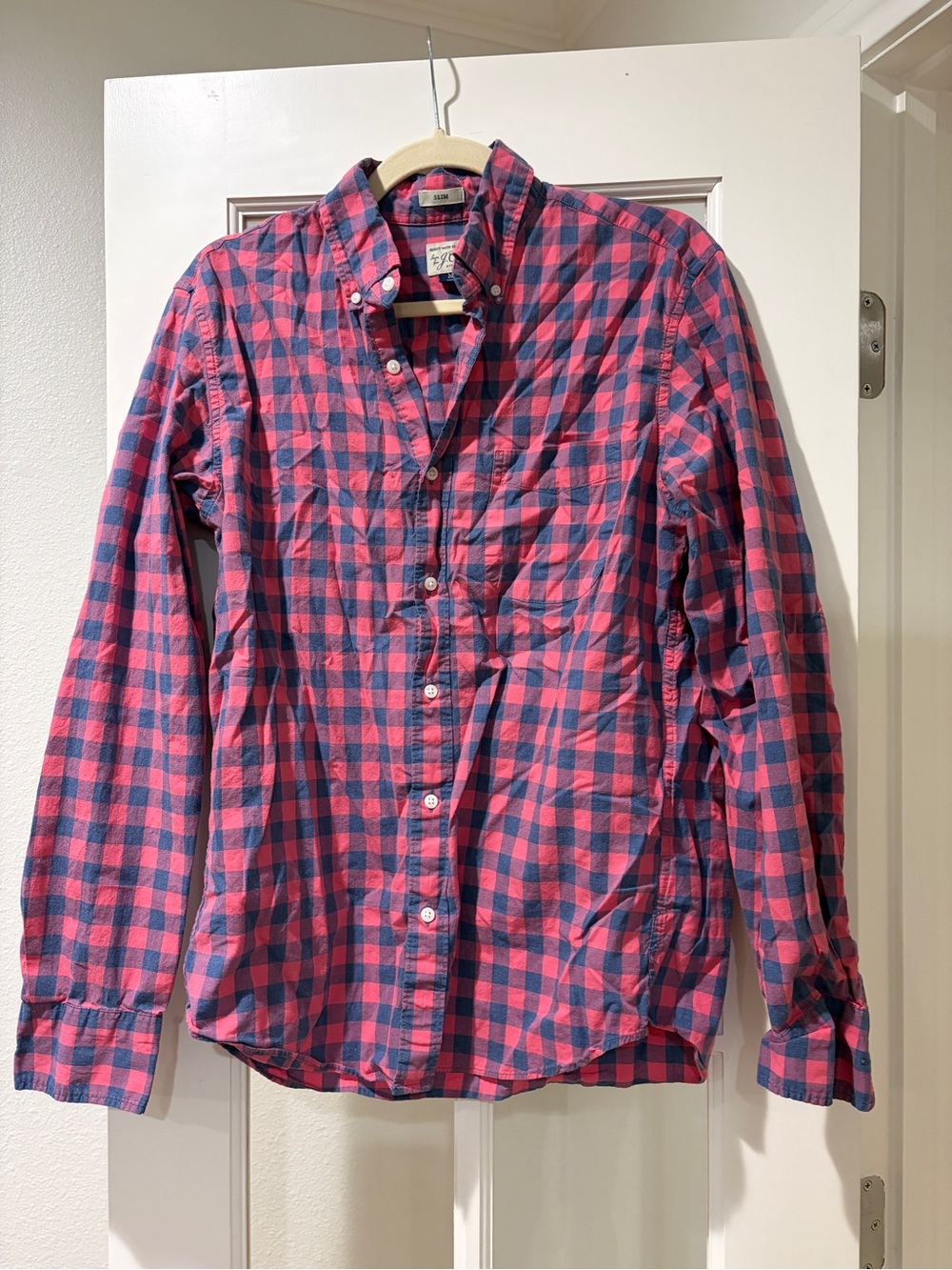 J. Crew Men's Pink and Navy Check Button-Down Shirt